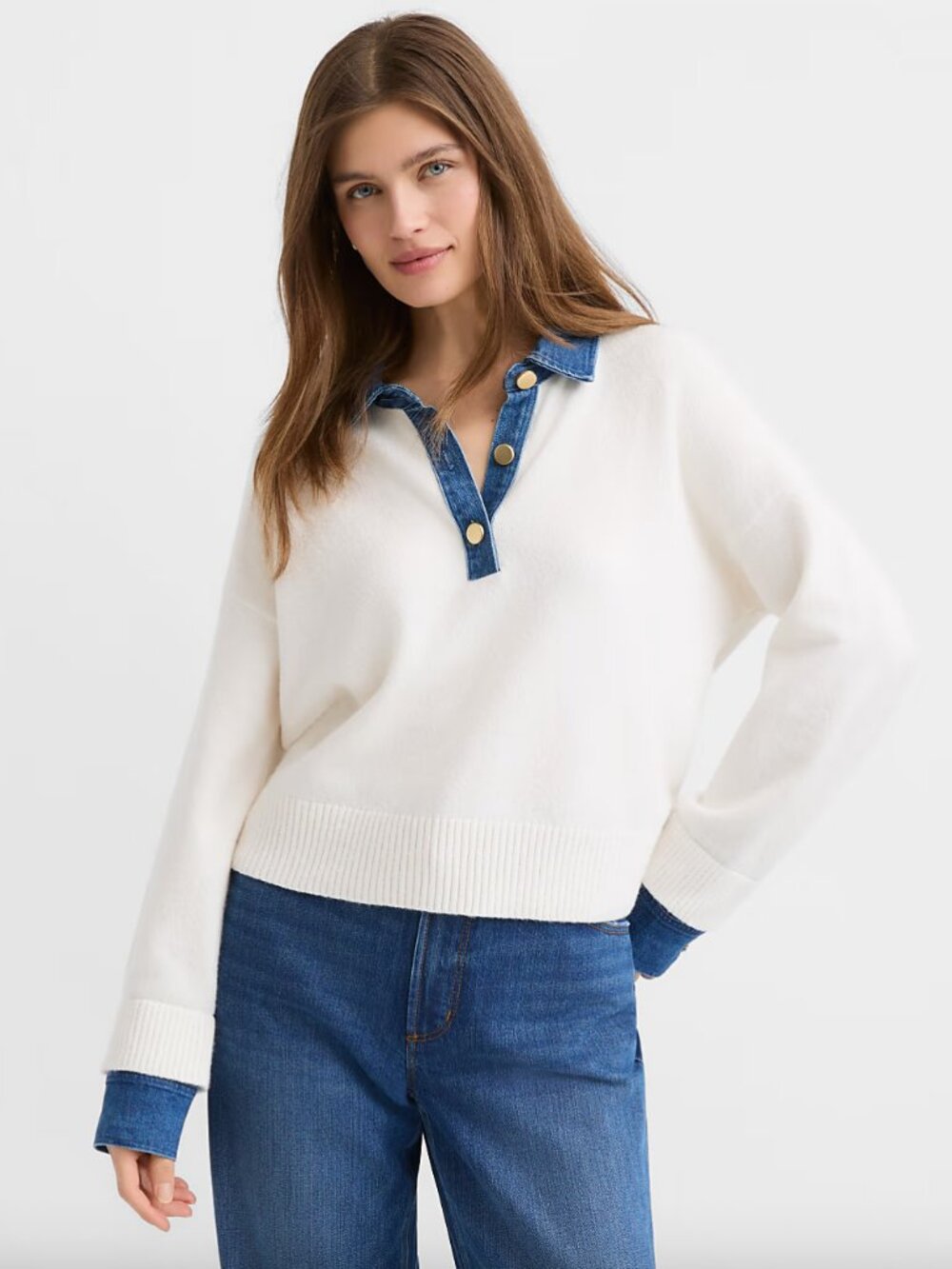 LOFT Denim Trim Henley Sweater, Whisper White - Size S